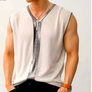 INCERUN Fashion V-Neck Patchwork Design Vest/Tank Top XL White